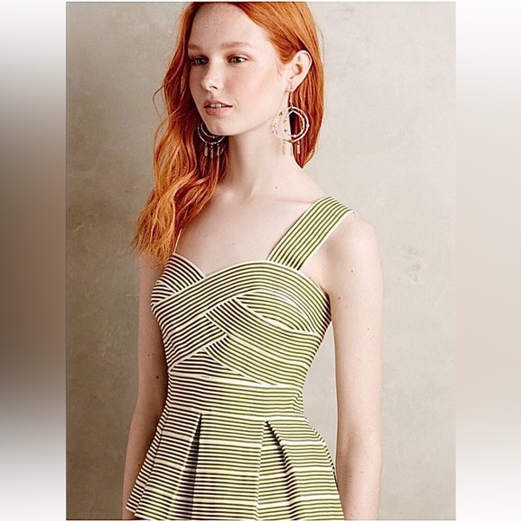 HD in Paris Tops - HD in Paris Anthropologie Olive/White Striped Peplum Heavy Elastic Top, SZ M